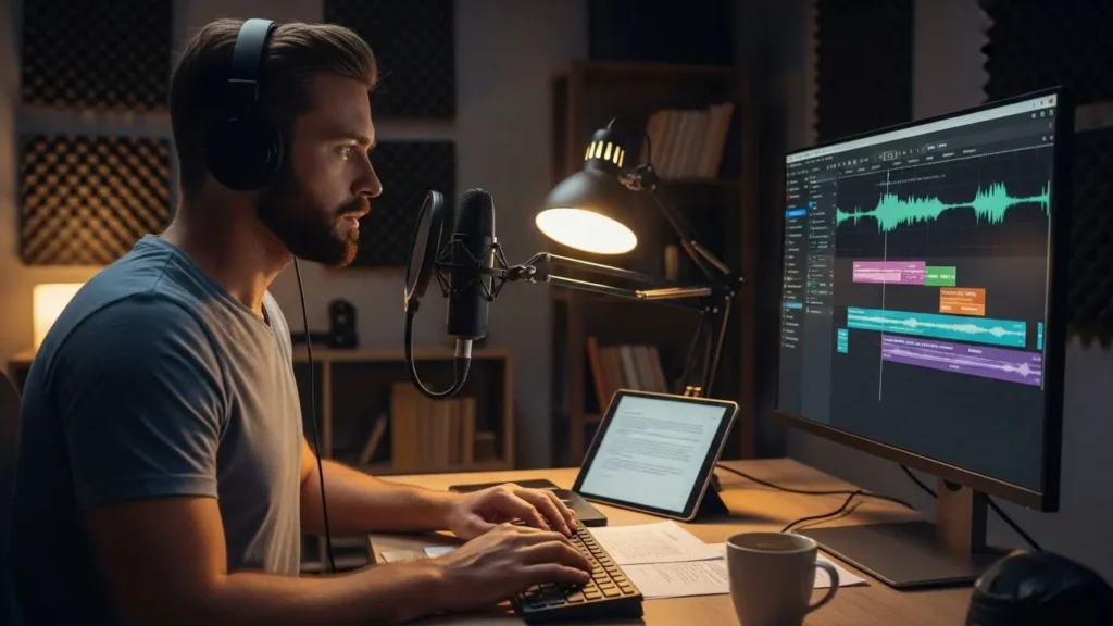 A podcaster editing an audio file using AI software